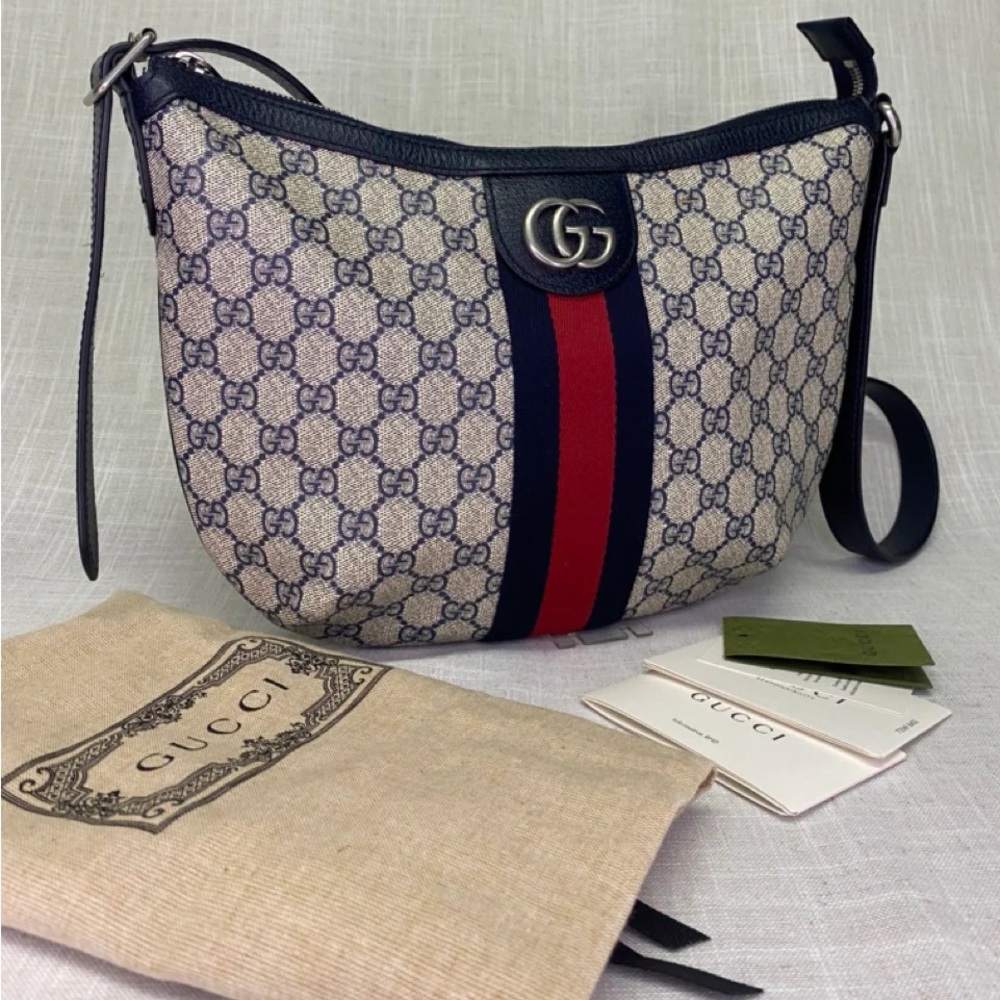 Authentic Gucci Ophidia Half Moon Hobo GG Coated Canvas Small Blue